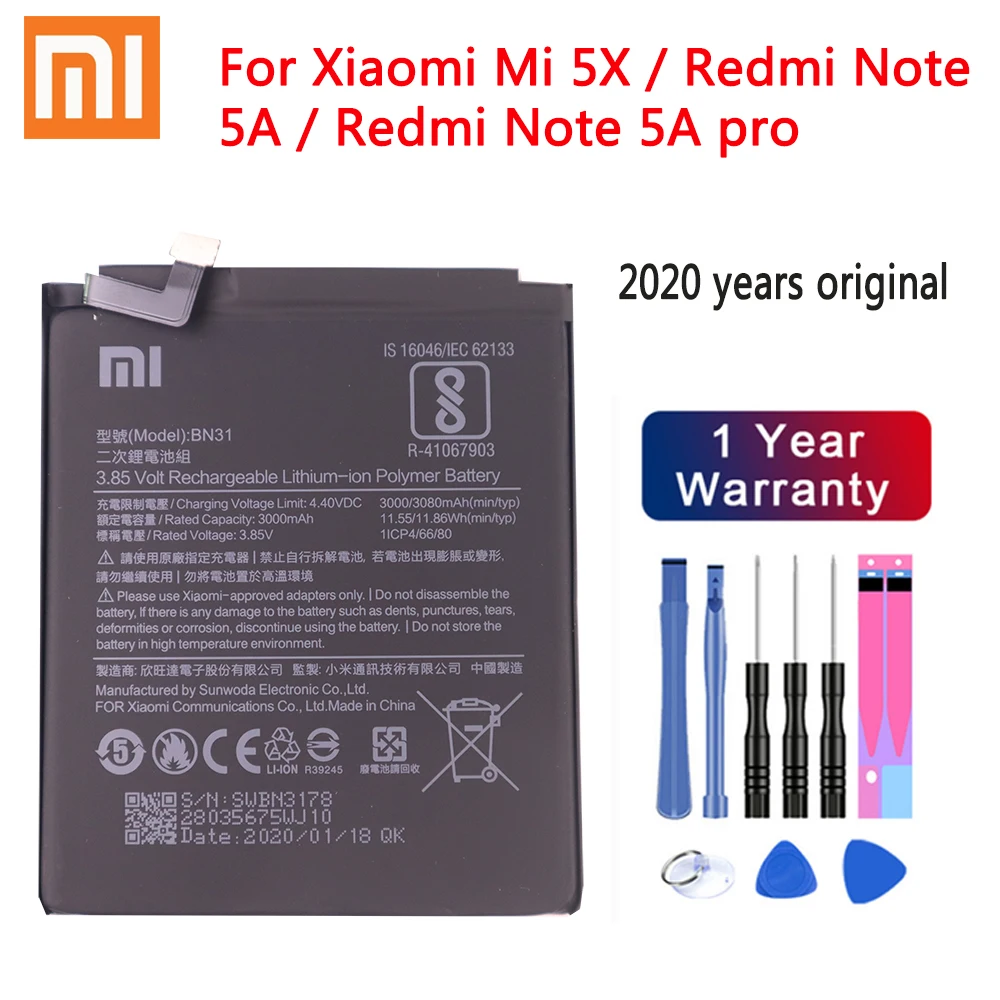 Аккумулятор BN31 для Xiaomi Mi 5X Redmi Note 5A pro A1 Y1 Lite S2 100% оригинал 2020|Аккумуляторы