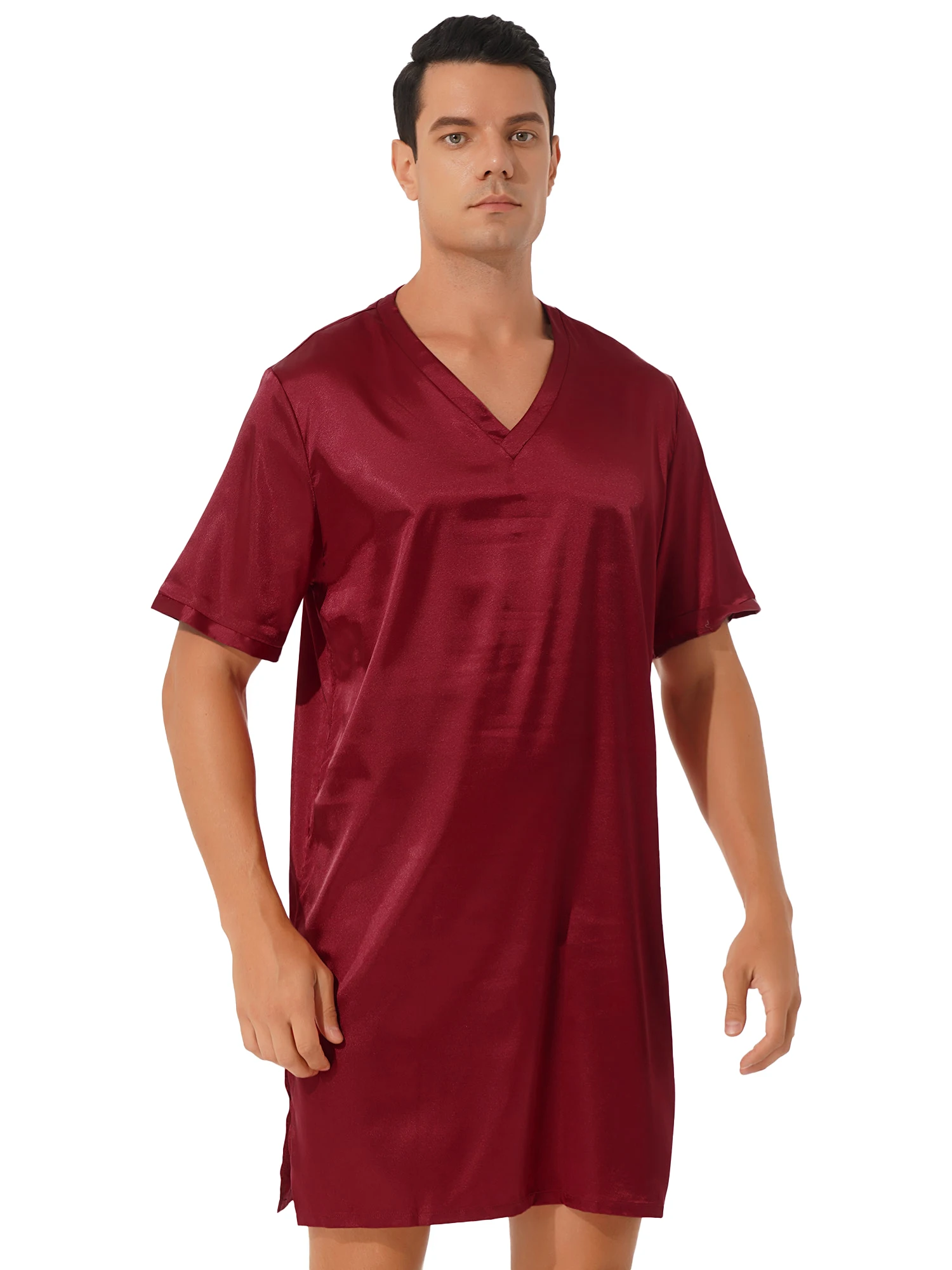 Men Satin Sleepwear V Neck Short Sleeve Nightgown Nightclothes Homewear Sides Split Nightwear