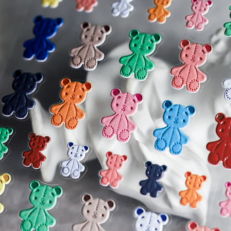 

Cartoon Bear Nail Art Stickers 3D Colorful Bear Gift Design Adhesive Slider DIY Wraps Summer Decoration Decals T1070