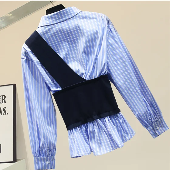 

Woman Blouses New Contrasting Color Stitching Slim Waist Shirt Women's All-match Long Sleeve Lapel Shirts Blouse Lady Slim Blusa