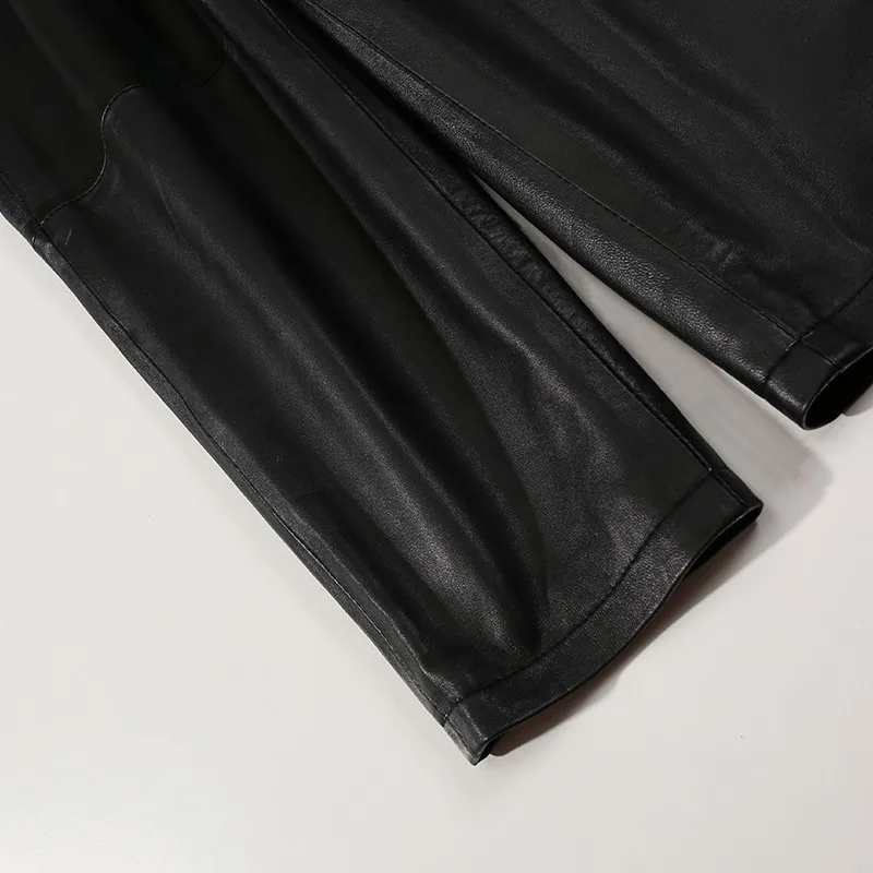 

Women's pants leather sheepskin black elastic size 2020 winter new fashion leather real size women's full length Harem Pants