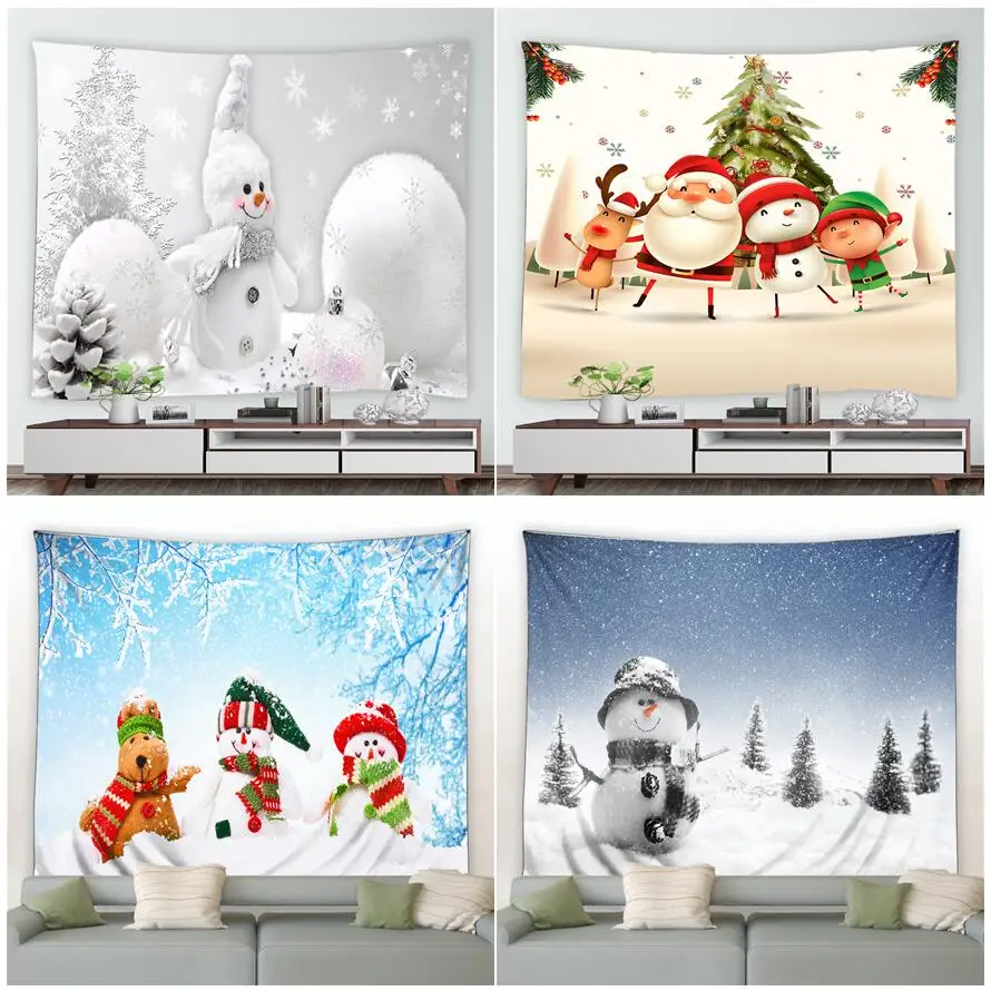 

Cute Snowman Christmas Tapestry Cartoon Animal Elk Santa Claus Xmas Decor Wall Hanging Winter Snow Nature Landscape Tapestries