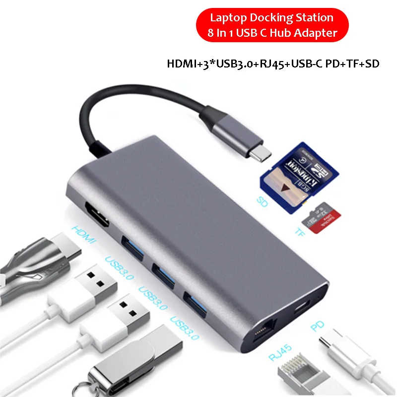 USB C концентратор адаптер док-станция для ноутбука 8 в 1 3 0 HDMI RJ45 Gigabit SD TF Macbook HP Huawei