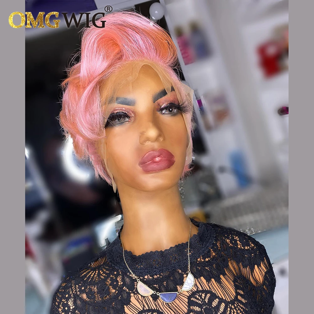 Парик короткий с короткой стрижкой Боба Пикси розового цвета 13x1 парик на сетке