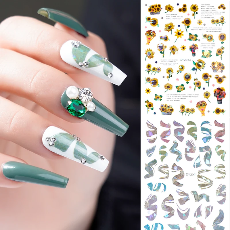 

18model Geometric Nail Art Sticker Decals Sliders Rainbow Laser Sunflower Nail Leaves Geometry Spring Designs DIY Manicure Foils