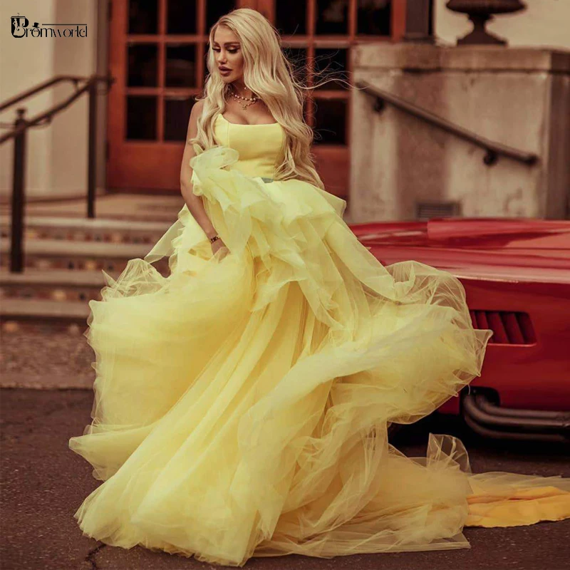 

Fairy Yellow Prom Ball Gown Evening Dresses Long 2021 New Abendkleider Tiered Tulle Robe De Soirée De Mariage