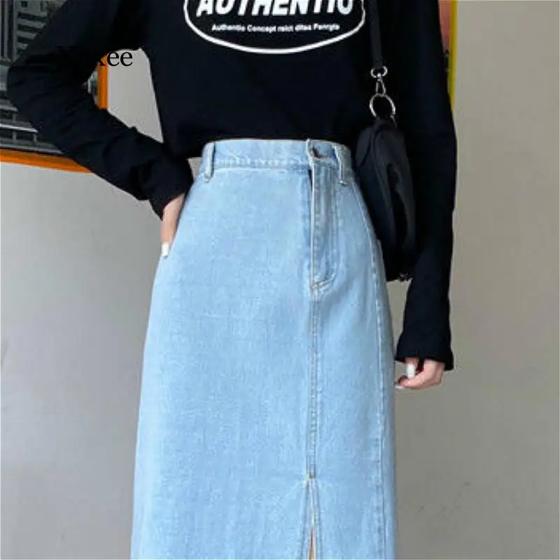 

Denim Skirts Women Vintage Summer Autumn Chic Straight Lady Empire Skirt Mid-Calf Trendy Side-Slit Design Womens Streetwear