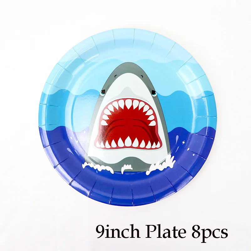 9inch plate 8pcs Вечерние одноразовые столовые приборы с рисунком акулы из мультфильма, бумажная тарелка, салфетка для чашек, детский душ, детские принадлежности для дня рождения, Декор - Цвет: 9inch plate 8pcs