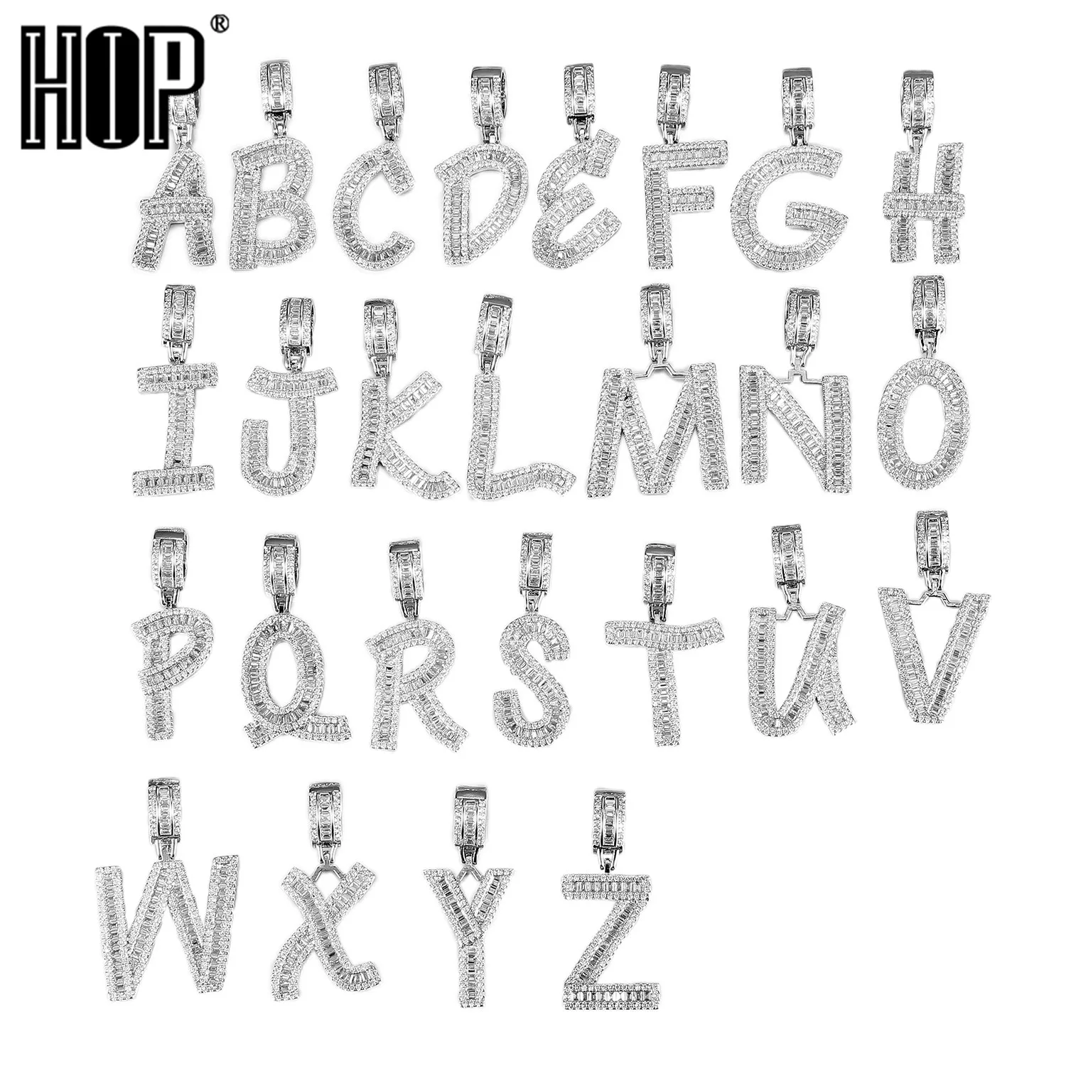 

26 Initial Alphabet Copper Pendant Iced Out Baguette Zircon A-Z Letters Necklace Gold Color Plated Hip Hop Jewelry