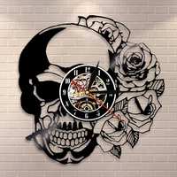 skeleton skull thorn roses vinyl record wall clock tattoo skull with rose wall art wall clock gothic home decor wall watch clock