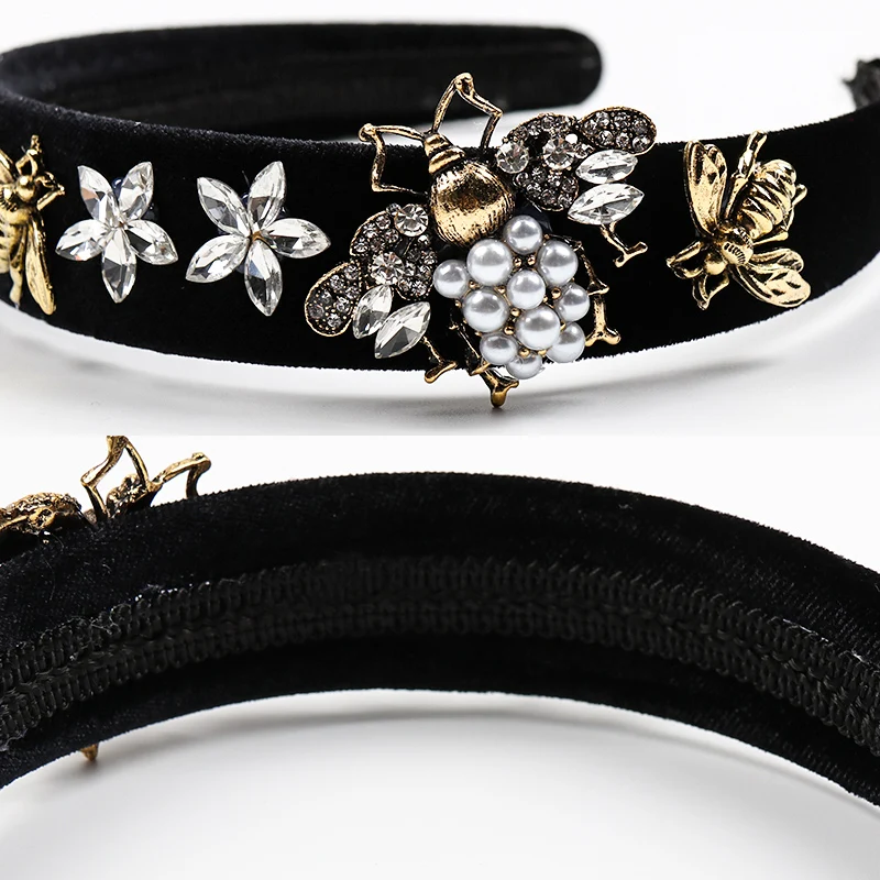 

Baroque Rhinestone Bee Model Women Headband Pearl Flower Luxurious Black Bezel Hairband Halloween Hair Accessories