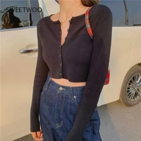 korean style o neck short knitted sweaters women thin cardigan fashion open front button up short sleeve sun protection crop top