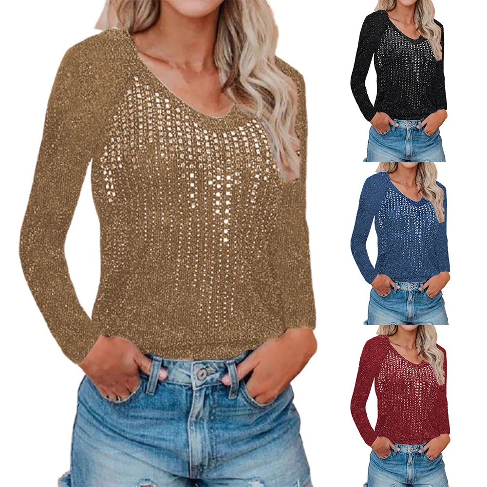 

Ladies Tee Shirt Blouses Fashion Casual Sequins Women Tops T-Shirt Long Sleeve V-Neck Office Work Wear Female T-Shirt