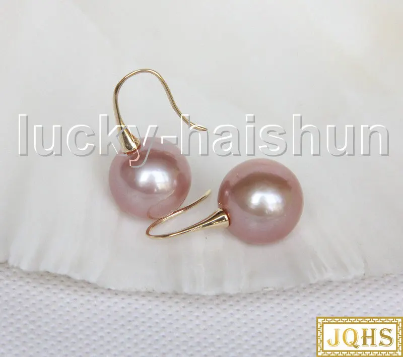 

Висячие серьги 13 мм с круглым фиолетовым южноморским жемчугом 14 карат из твердого золота