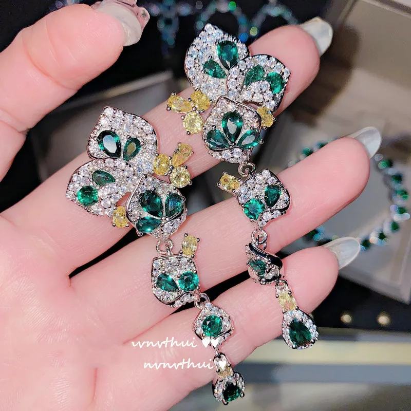 

Luxury Solid 925 Sterling Silver Elegant Earrings Green Zircon Flower Dangle Long Earrings for Women Wedding Engagement Gift
