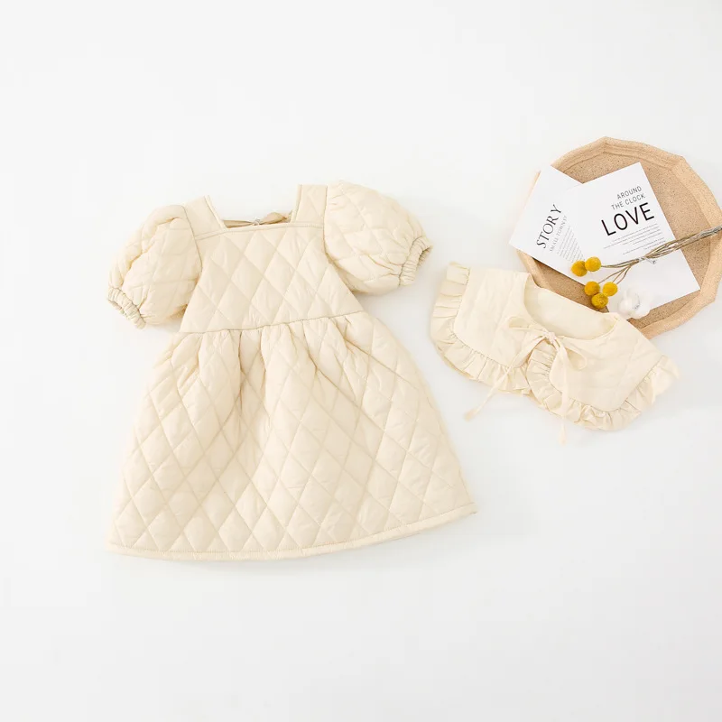 Girls Quilted Dress Autumn and Winter Clothes Solid Color New Children Doll Collar Padded Cotton Short Sleeve Princess Dresses | Детская