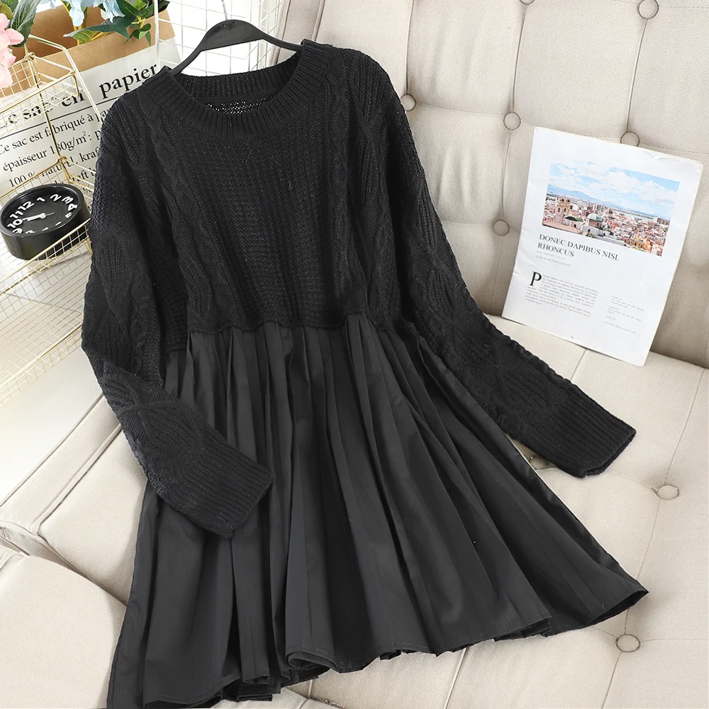 SINGRAIN Large Size Women Knitted Dress Winter Casual A-Line Warm Thick College Style Dresses Long Sleeves Korean Pleated |