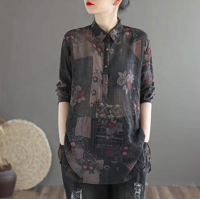 Рубашка женская льняная с длинным рукавом Свободный Топ в литературном стиле