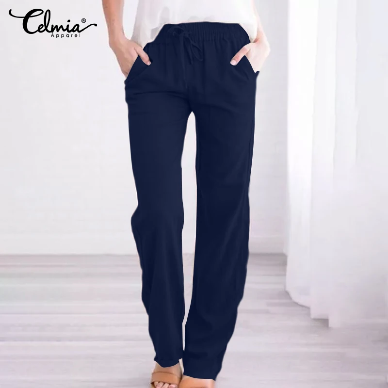 

2021 Autumn Elastic Waist Slack Pantalon Celmia Elegant Casual Solid Women's Long Trousers Office Lady Bandage Straight Pants