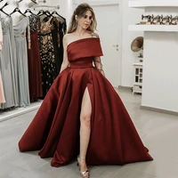 wine red satin prom dresses long 2021 formal evening for women one shoulder with sleeve beaded high split party prom gowns