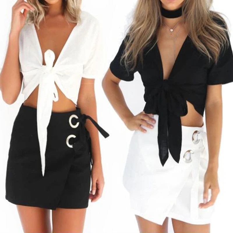 

Женская Повседневная короткая блузка, рубашки с V-образным вырезом, рубашки с коротким рукавом на шнуровке, модные женские блузки, топы, лето...