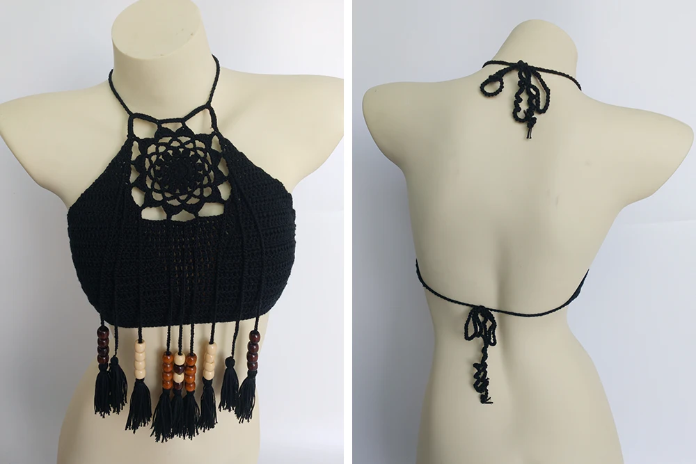 Сексуальный женский бикини с кисточками Топ Белый Boho пляжный купальник бахрома вязаная крючком бикини бюстгальтер Холтер Лифчики майка Купальник Горячая Распродажа