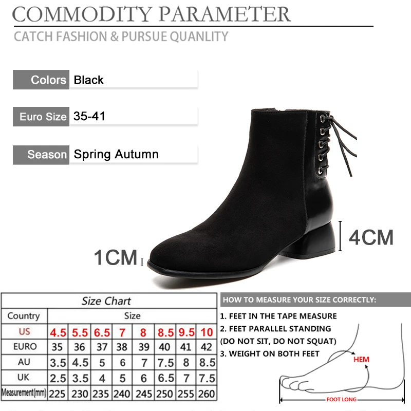 

BYQDY British Style Flock Velvet Stretch Boots Woman Shoes Solid Black Square Toe Thick Heel Suede Lacing Ankle Boots For Mom