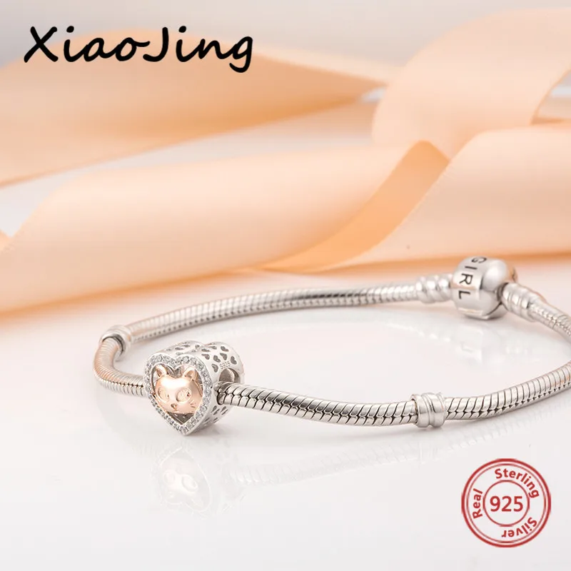 XiaoJing, 925, Серебряное сердце, розовое золото, бусина "Кошка", Шарм с фианитами, подходит для аутентичных браслетов pandora, сделай сам, ювелирное изделие для любимой, подарок