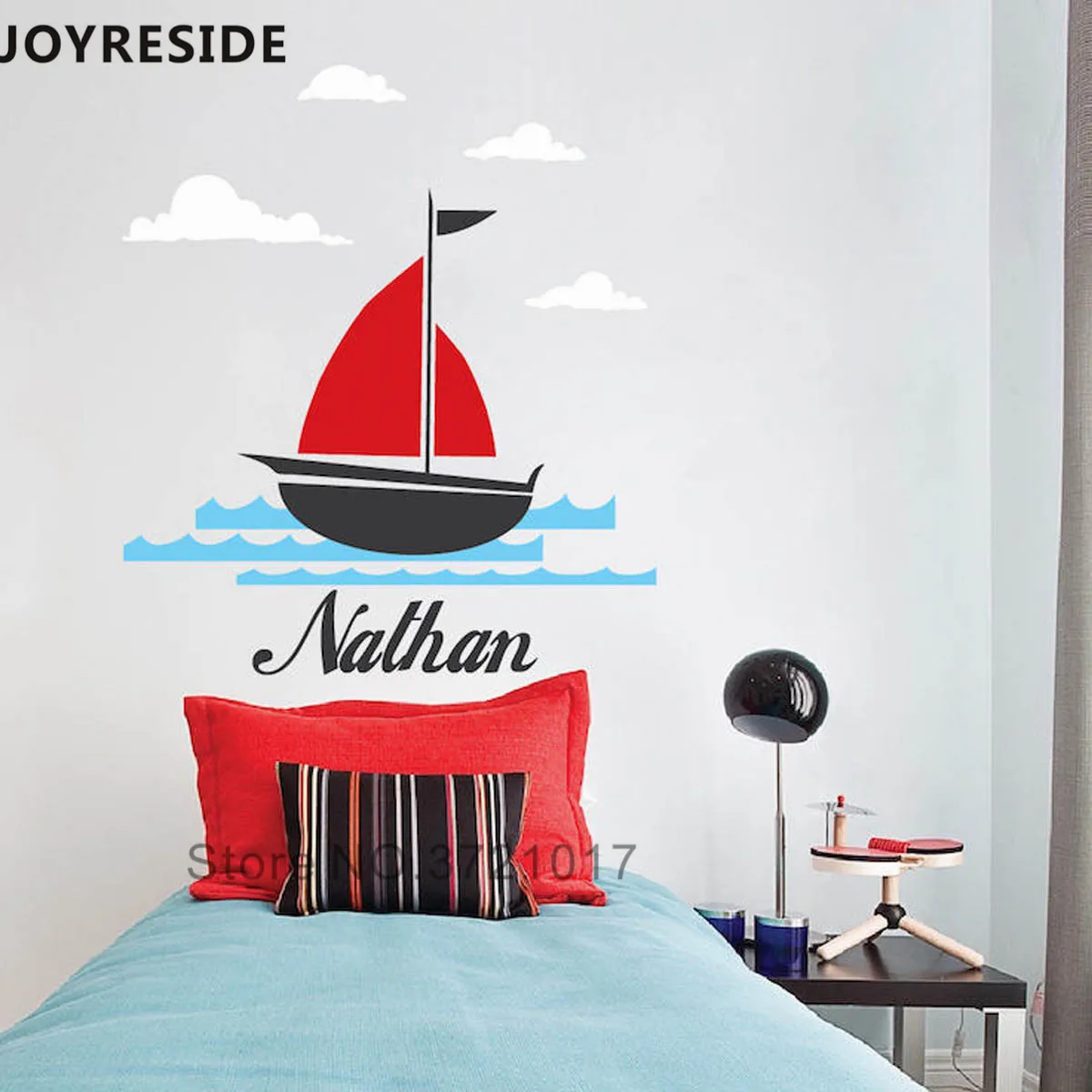 

JOYRESIDE Sailboat Custom Bbay Name Wall Sticker Personalized Names Wall Decals Ship Clouds Wall Decor Home Kids Bedroom WM021