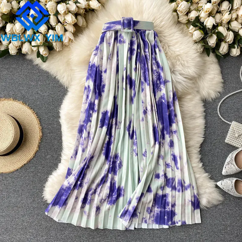 

Spring Summer Pleated Skirt Women FashionTie dye High waist Mid Long Skirt Female Loose Elastic waist A-Line Skirts High quality