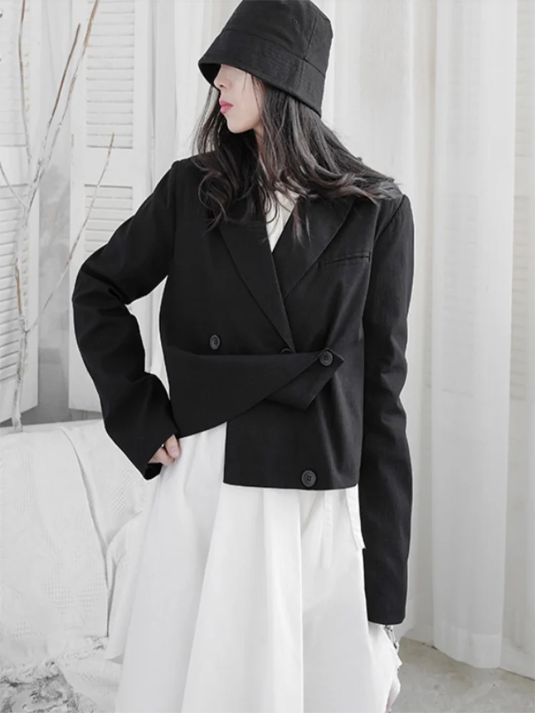Ladies Fashion Western Style Dress Spring And Autumn New Black Lapel Double Breasted Irregular Asymmetrical Casual Suit Jacket