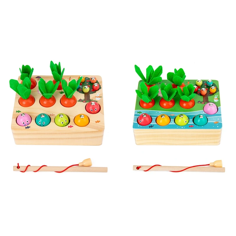 

Kids Wooden Magnetic Fishing Toy Catch Worm Pulling Carrot Games Interactive Educational Fishing Toy for Children