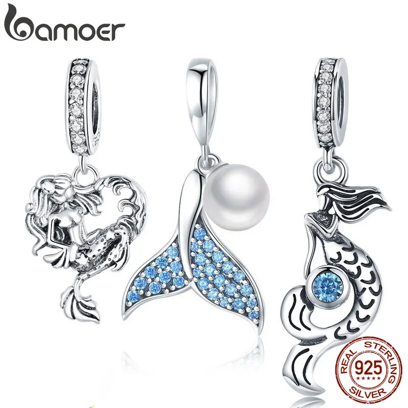 

BAMOER Genuine 925 Sterling Silver The Mermaid's Tail Quality Shell Pearl Pendant Charm fit Charm Bracelet DIY Jewelry SCC877