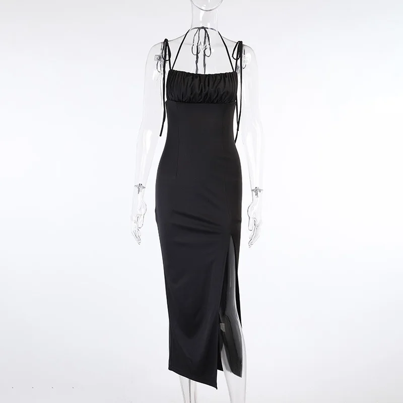 

Женское длинное платье с оборками, черное облегающее платье с тонким плечевым ремнем и высоким разрезом, 2021