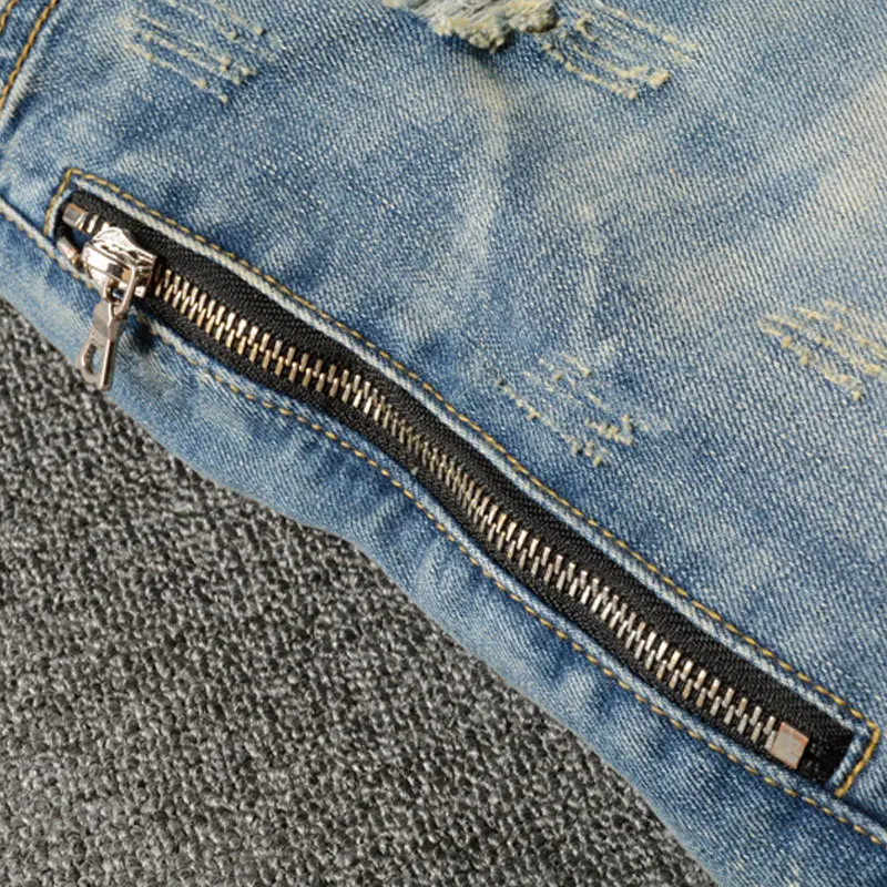 American Street Fashion Men Jeans Retro Blue Elastic Slim Fit Ripped Jeans Men Spliced Designer Hip Hop Denim Punk Biker Pants