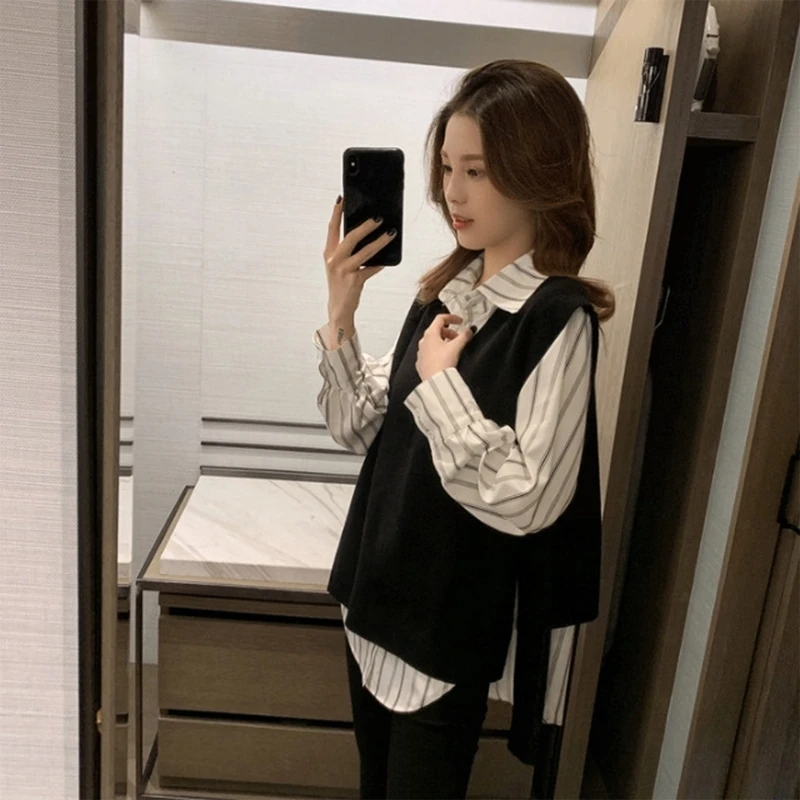 

Women Casual Two Piece Set Knitting Vest Long Sleeve Blouse Jumper Pullover Tops