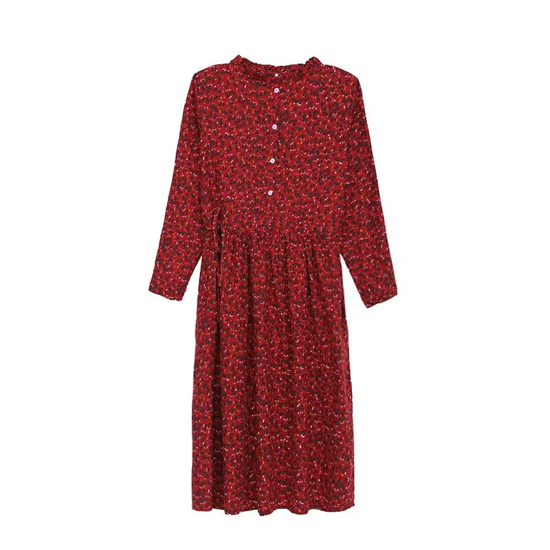 

Spring and Autumn Artistic Vintage Floral Cotton and Linen Long-Sleeved Dress Elastic Waist Drawstring Slim Slimming Mid-Length