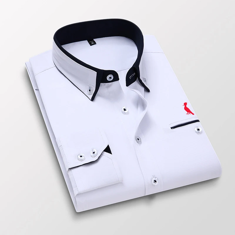 New  High Quality Men's Shirt Long Sleeve Twill Pure Color Striped Dress Business Office Casual Shirt