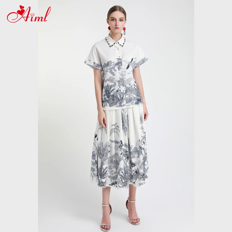 

2020 summer female 2 piece designer suit long sleeve printing white blouse + sequins twinset skirt fashion lady set