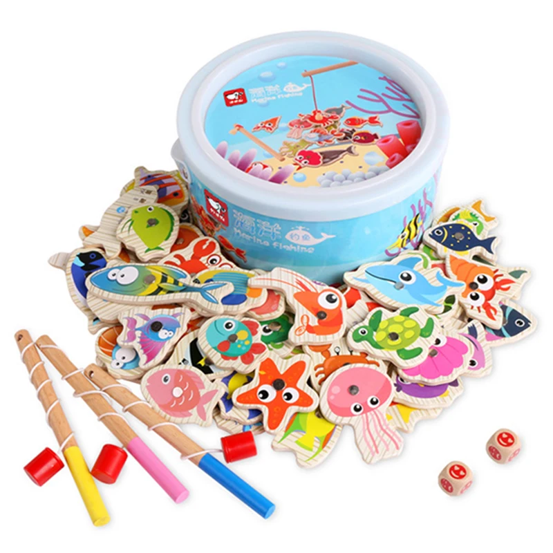 

Magnetic Fishing Toy Wooden Cartoon Marine Life Learning Toy No Water Pretend Fishing Play Educational Game for Kids M09