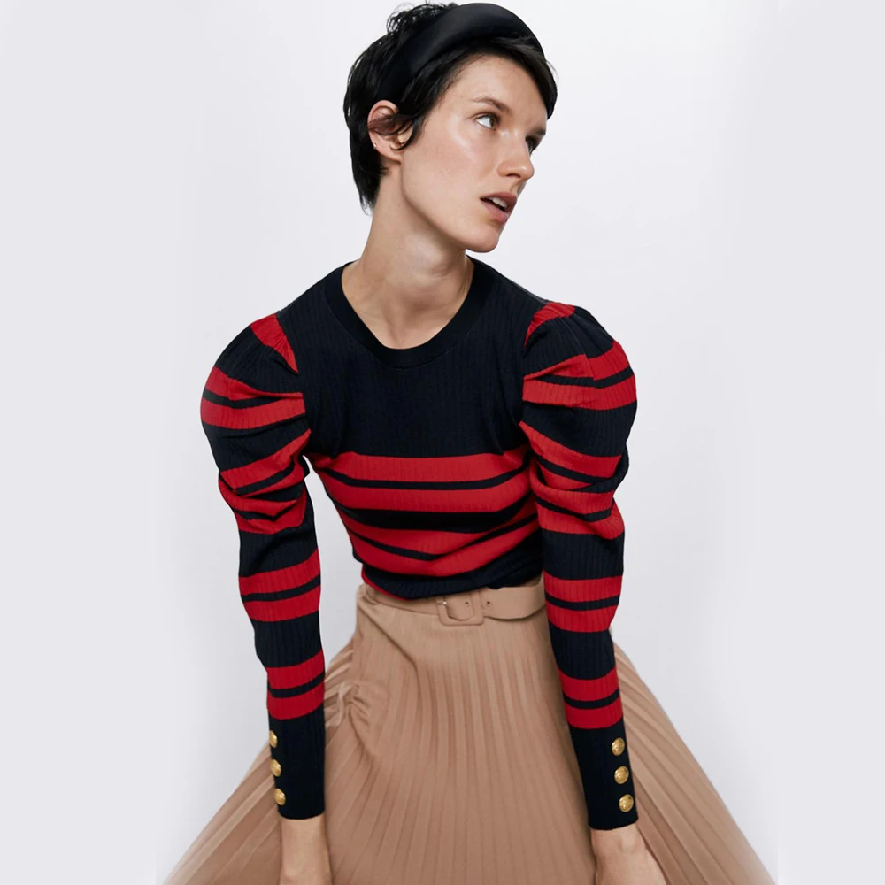 2020 ZA Women Striped Knitted Sweater Pullover Fashion Round Neck Puff Sleeve Bottoming Slimtop Autumn Winter New Temperament | Женская