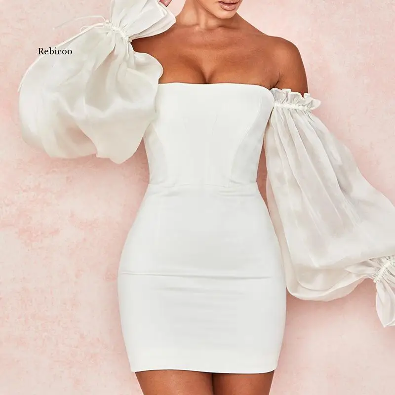 

Satin Sexy White Summer Dress Lantern Sleeves Mini Dress Women Bodycon Solid Slim Night Club Party Dress Vestidos
