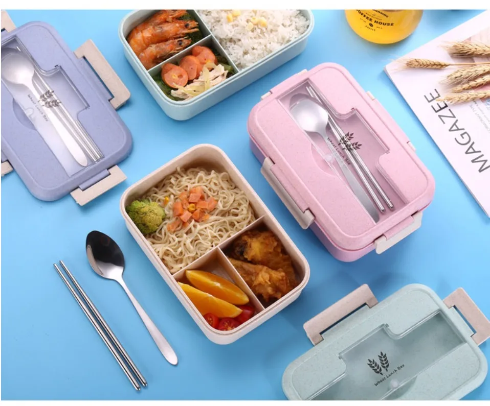 Bento Ланч-бокс для детей с ложкой палочки для еды контейнер герметичный BPA бесплатно Пшеничная солома набор посуды Экологичная коробка для еды