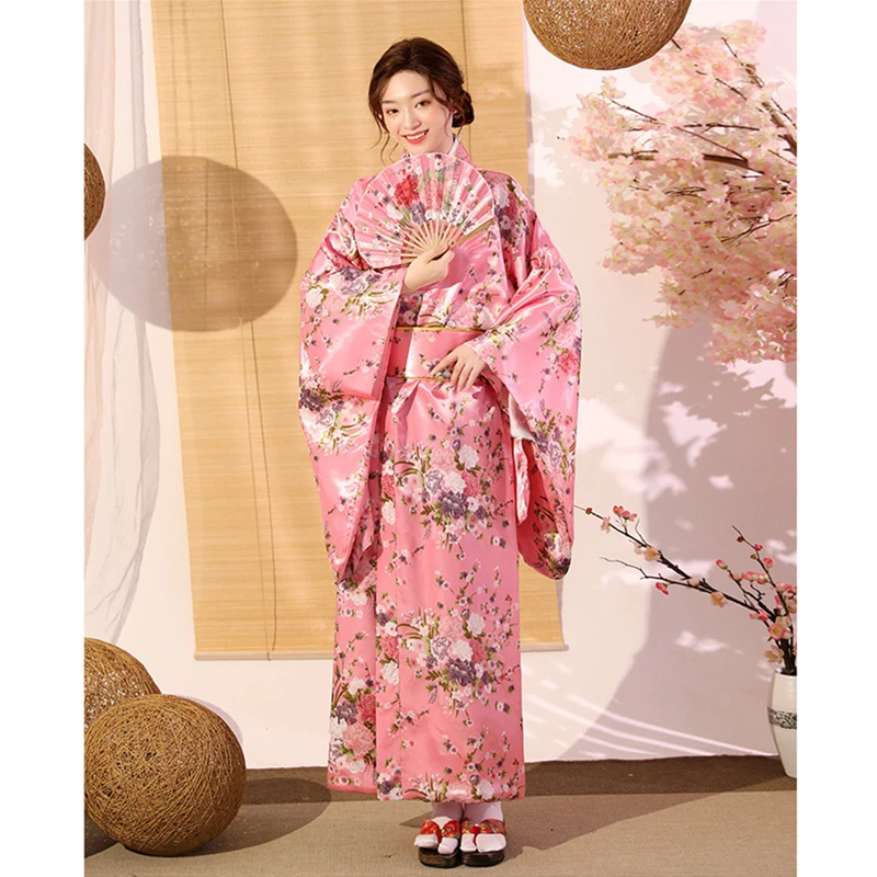 

New Kimono Japanese Traditional Style Female Satin Silk Vintage Printing Yukata Nightgown Bathrobe Geisha Stage Performance Gown