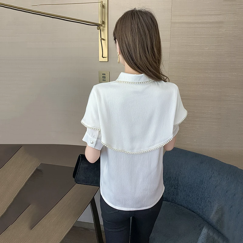

2021 New Fashion Summer Blouse Women Temperament All-match Slim High-end Cloak Tops Female Beading Chiffion Blouses Tunic Shirt