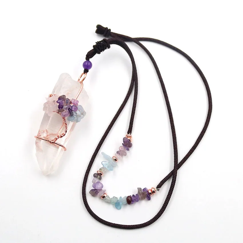 

FYSL Rose Gold Color Wire Wrap Irregular Shape Crystal Pendant Handmade Weave Rope Chain Necklace Ethnic Style Jewelry