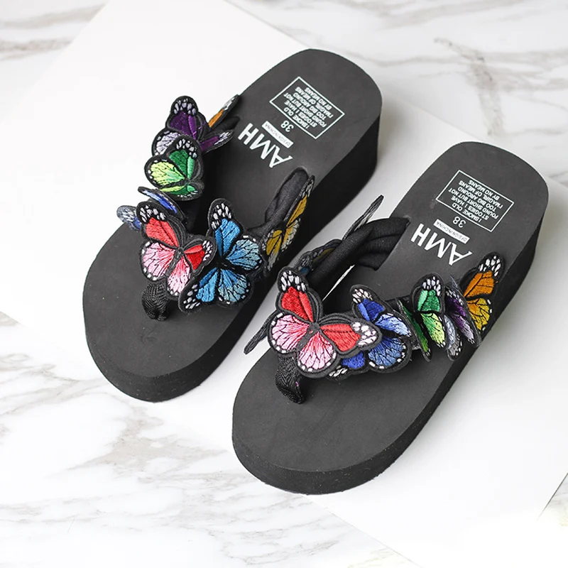 Fashion New 2022 Summer Handmade Butterfly Slippers Solid Platform Sandals Wedges Footwear Beach Outside Women Flips Flops