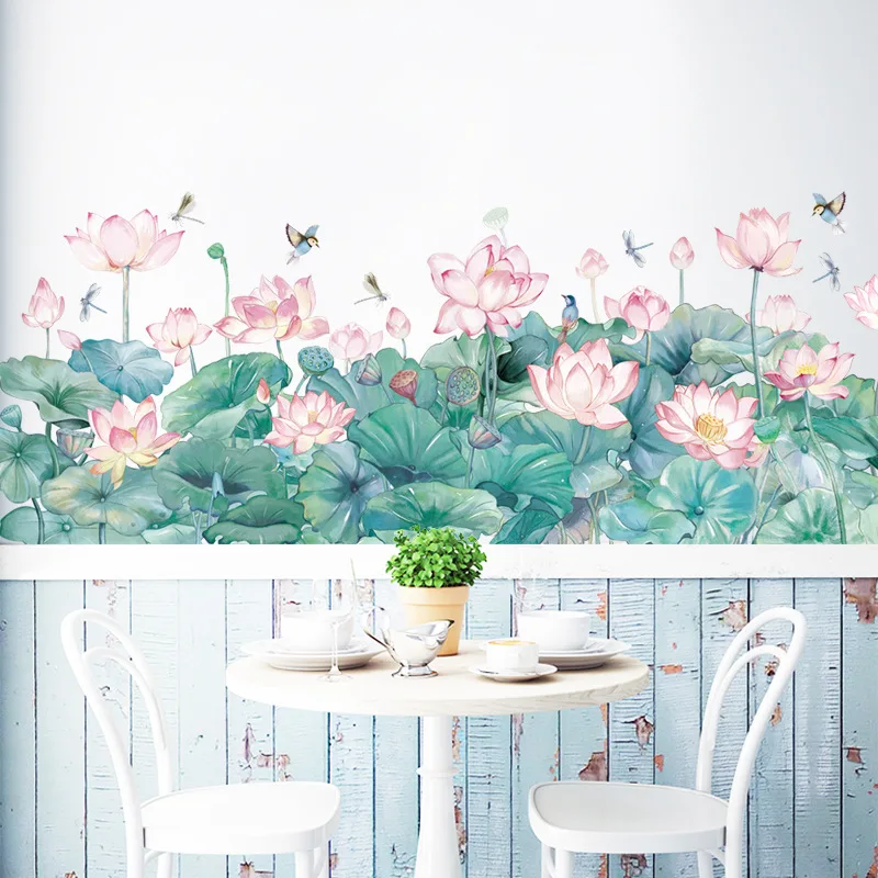 

Chinese style Lotus Green Plant Leaf Sticker For Living Room Bedroom Home Decor TV Sofa Background Self Adhesive Wall S