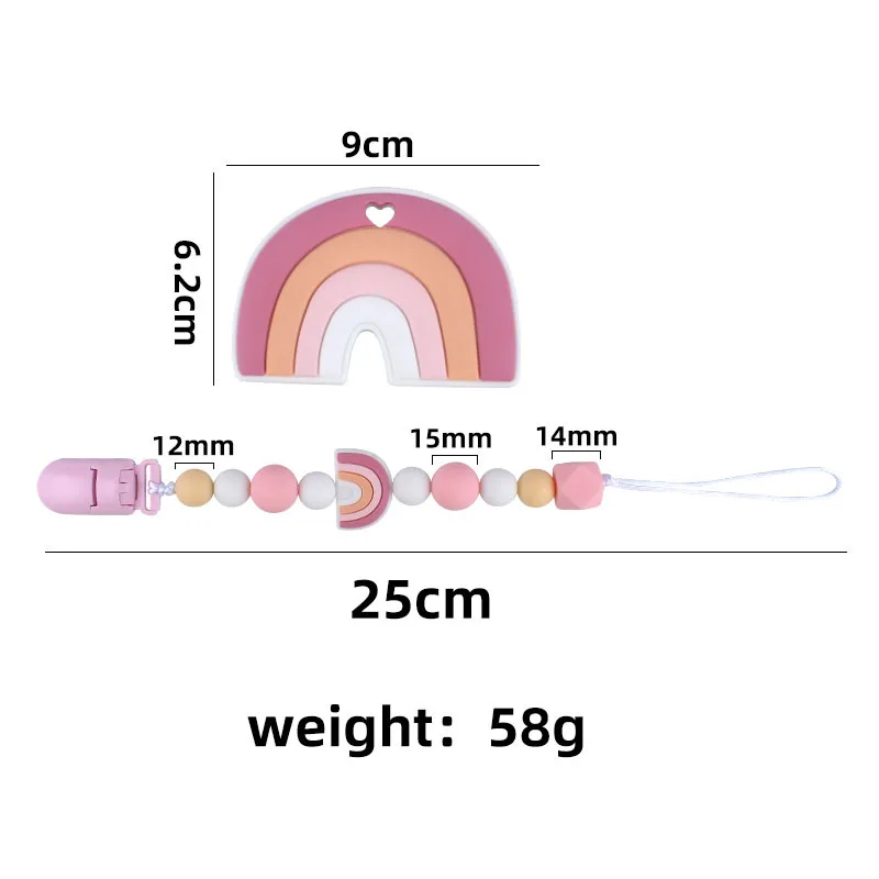 Kissteether-mordedor para beb&eacute;, juego de cadena con Clip de chupete sin BPA, mordedor de silicona de grado alimenticio, arco&iacute;ris, juguete Molar para beb&eacute;, producto antica&iacute;da-5