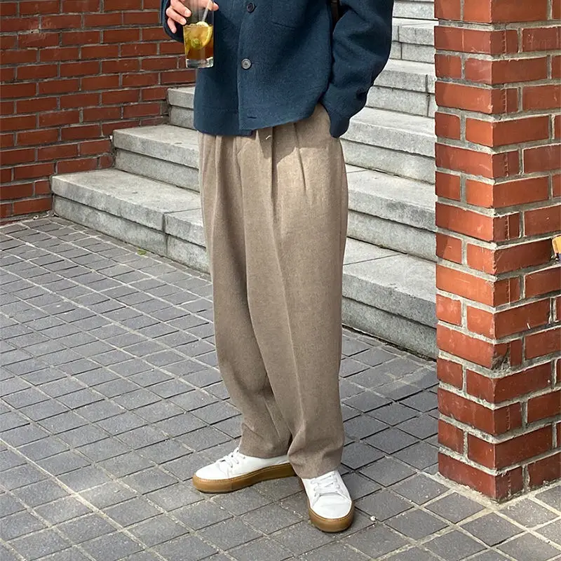 

Брюки мужские шерстяные однотонные, модные прямые повседневные штаны, дикие свободные Костюмные брюки в Корейском стиле, Осень-зима